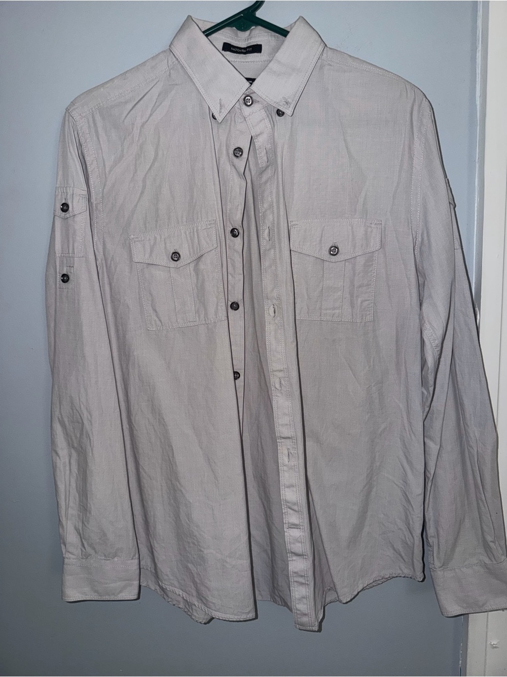 Express Modern Fit Button Front Shirt Men’s Medium Light Gray Long Sleeve